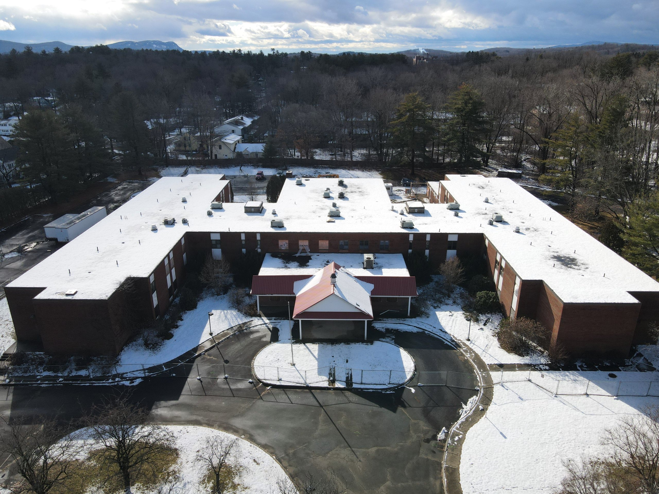 A photo of the old Northampton Nursing Home's entrance from an aerial perspective.